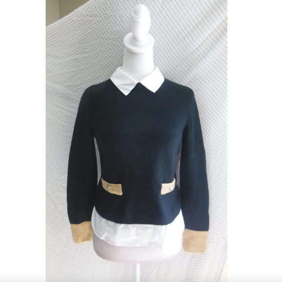 NEW CECE Black & White TWO-FER Collared LAYERED Pocket Detail SWEATER TOP XS - Picture 6 of 10